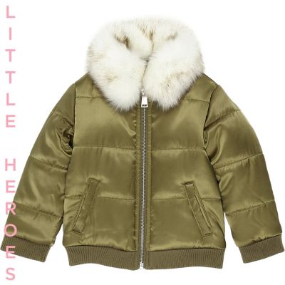 Mini girls khaki puffer coat with faux fur